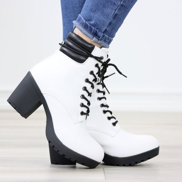 White Ankle Boots Lug Chunky Block High Heel Lace-Up Faux Leather - Picture 1 of 12